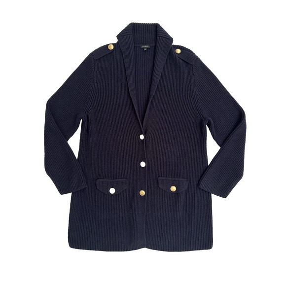 Talbots Cardigan XL Navy-Blue Cotton Blend Knit Gold Buttons Long-Length Sweater - Picture 1 of 7